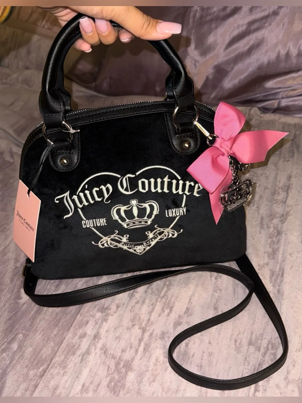 Y2K Juicy Couture Black Velvet Satchel with Pink Bow Charm
